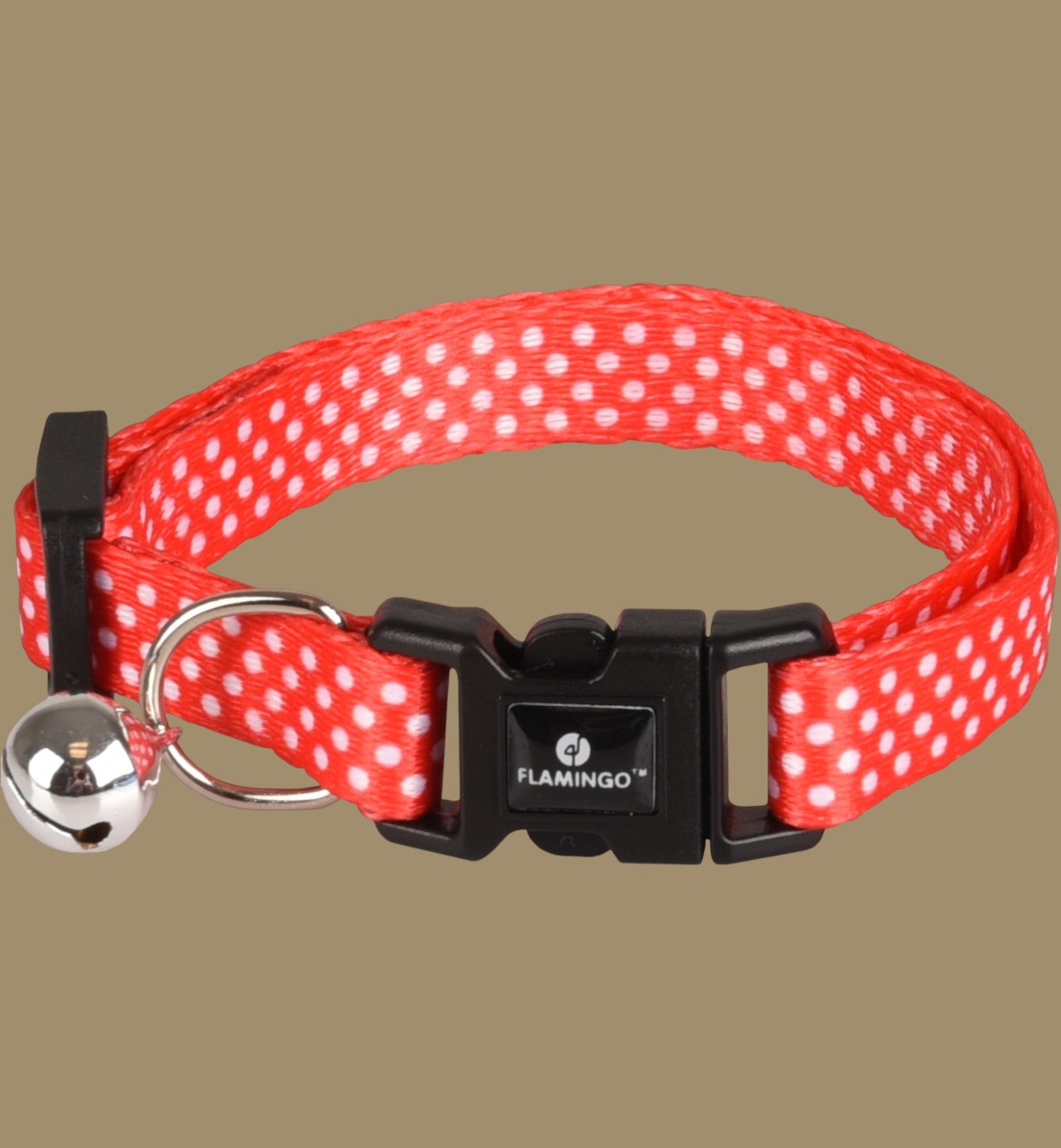 Collier pour chat Animozen Aiwa rouge à pois blancs, avec clochette et fermeture à clic.