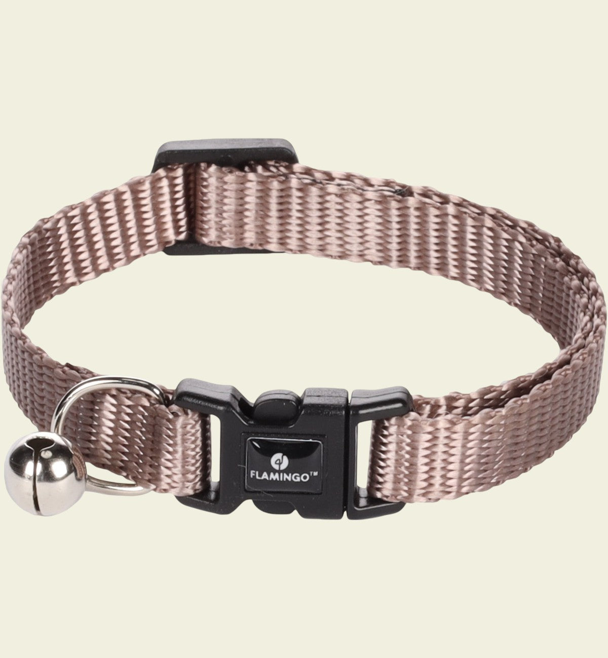 Collier pour chat Animozen Ziggi en nylon taupe avec clochette et fermeture à clic sécurisée.