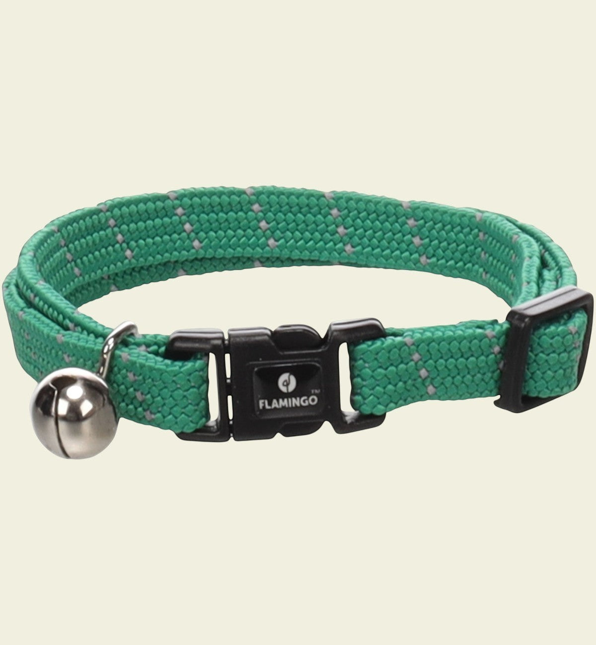 Collier pour chat Elza Animozen vert rayé en nylon réfléchissant avec clochette et fermeture à clic