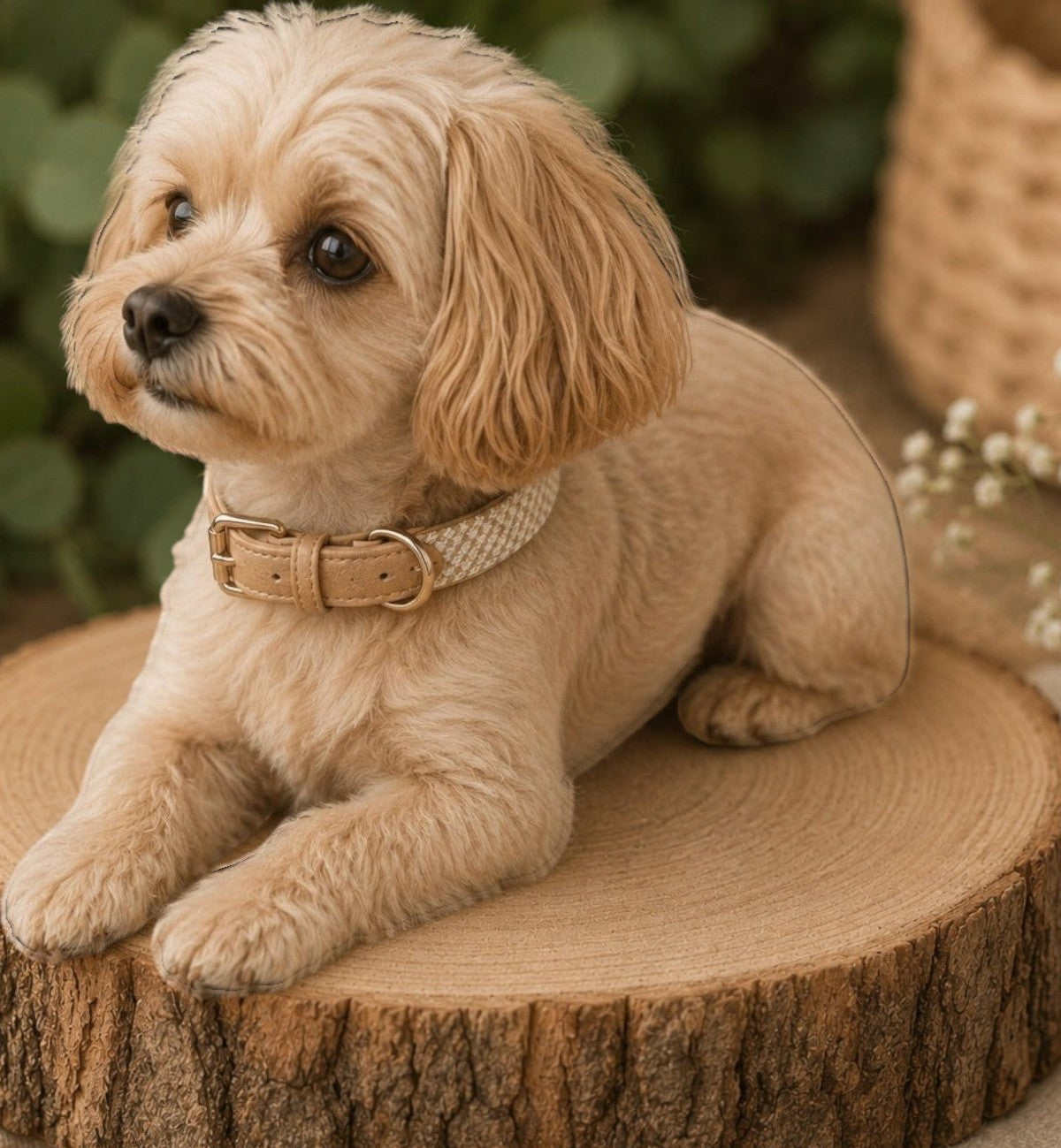 Animozen collier pour chien Lara beige en coton tressé et similicuir avec finitions dorées, boucle réglable.