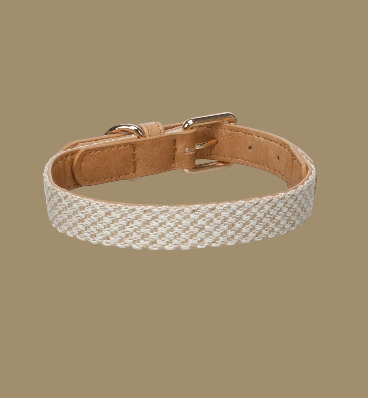 Collier pour chien Animozen Lara beige en coton tressé et similicuir avec finitions dorées et boucle réglable.
