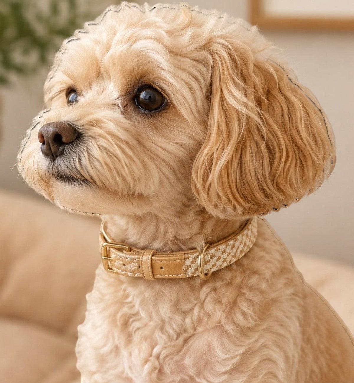 Animozen collier Lara beige en coton tressé et similicuir avec finitions dorées, boucle réglable pour chien.