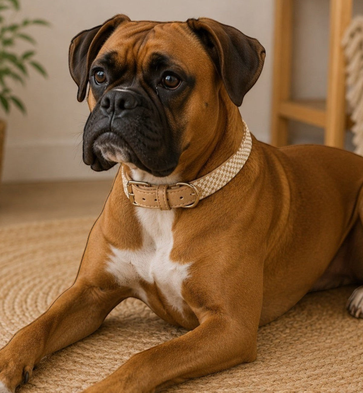 Animozen Collier Lara beige en coton tressé et similicuir avec finitions dorées, porté par un boxer brun.
