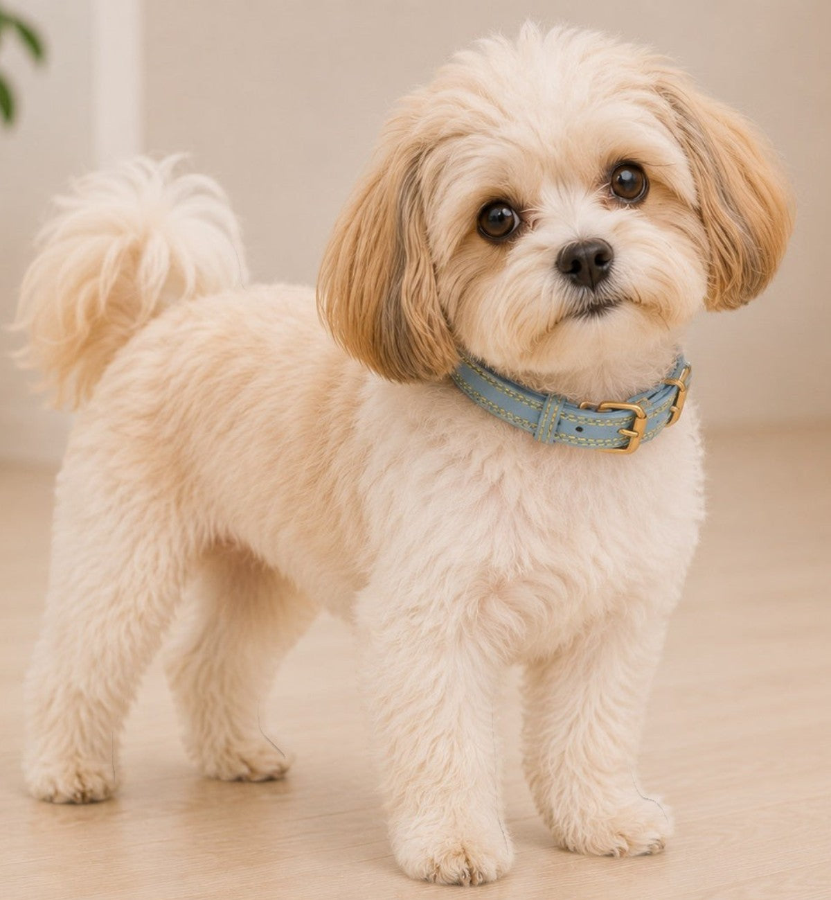 Animozen Collier Virginia bleu clair en cuir pour petit chien, boucle dorée mate, coutures renforcées, idéal pour chiot.