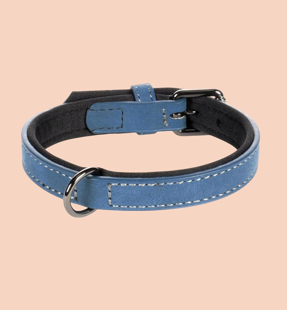 Collier pour chien Animozen bleu en similicuir avec doublure néoprène, boucle grise et coutures blanches