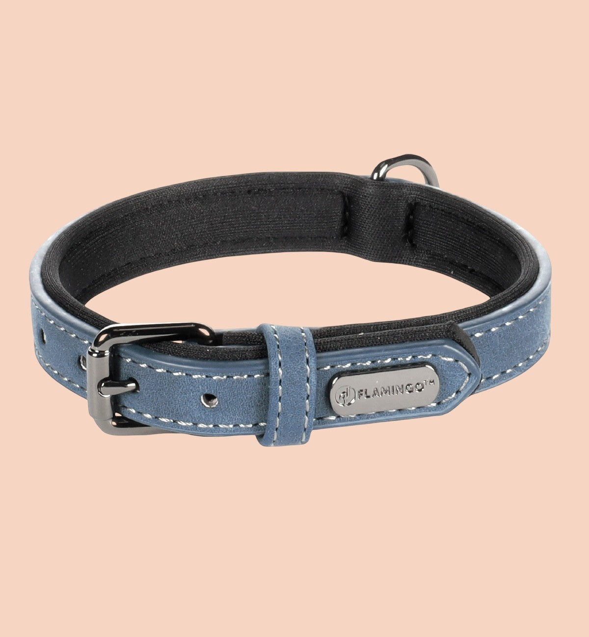 Collier pour chien Animozen bleu en similicuir avec doublure néoprène, boucle grise et coutures blanches.