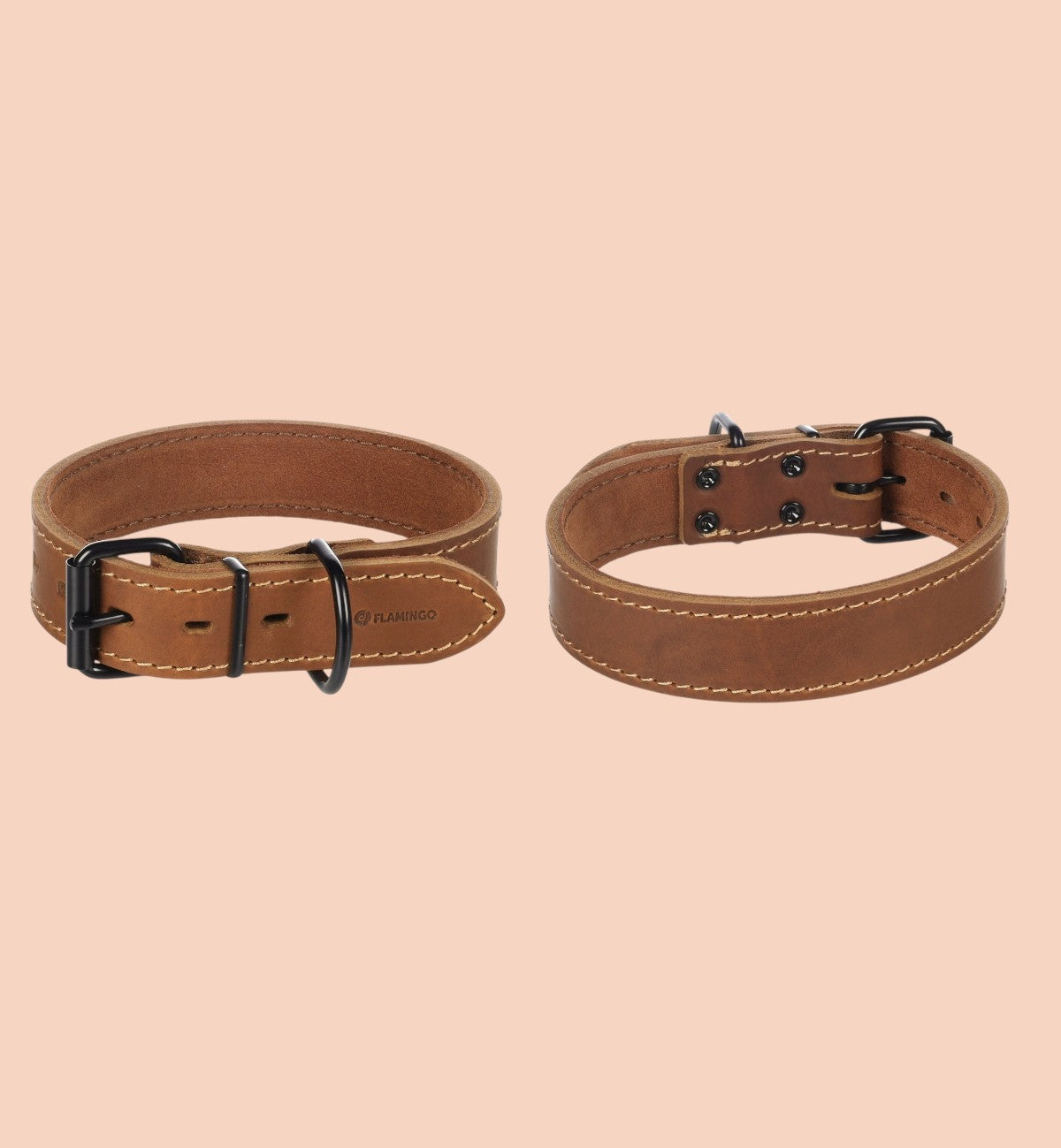 Animozen Collier Montana Cognac en cuir pour chien, large et rembourré, avec boucle réglable et finitions noires.
