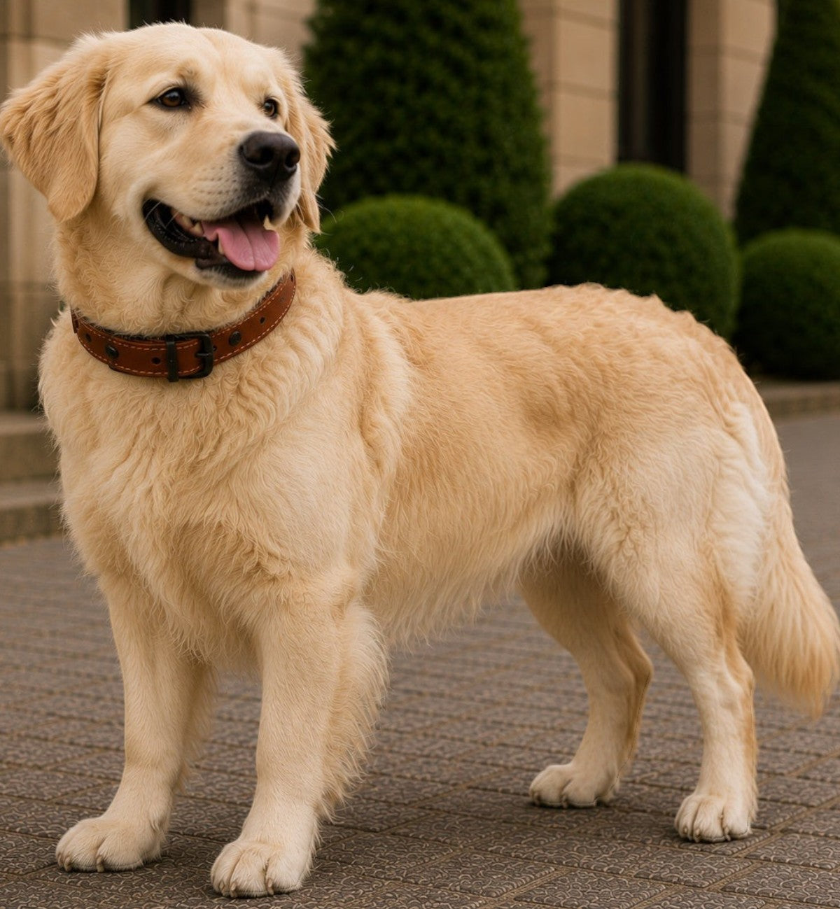 Animozen Collier Montana Cognac en cuir pour chien de grande taille, boucle réglable, détails noirs brillants.