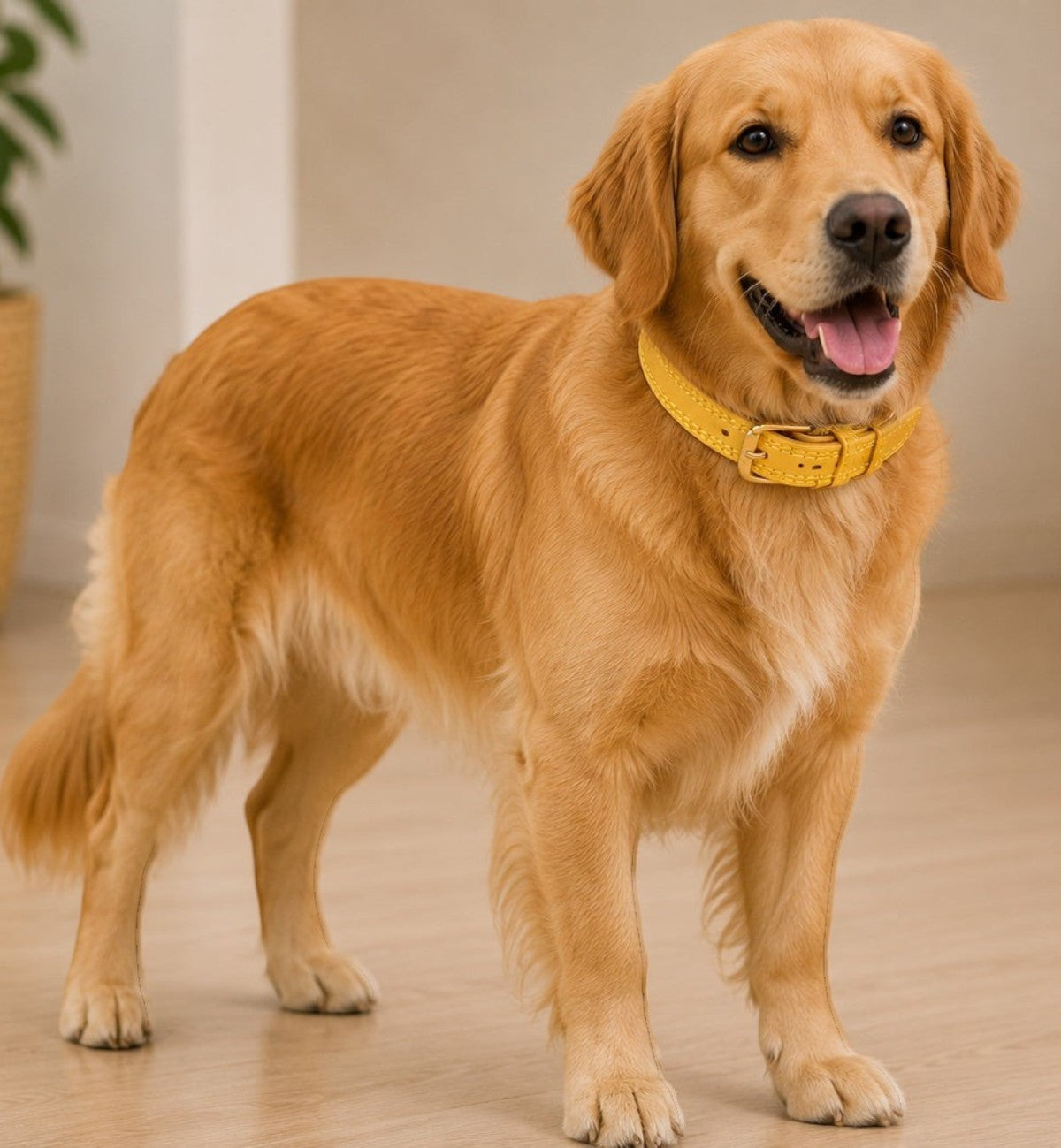 Animozen Collier Virginia en cuir jaune pour chien, avec boucle dorée mate. Idéal pour chiots et petits chiens.
