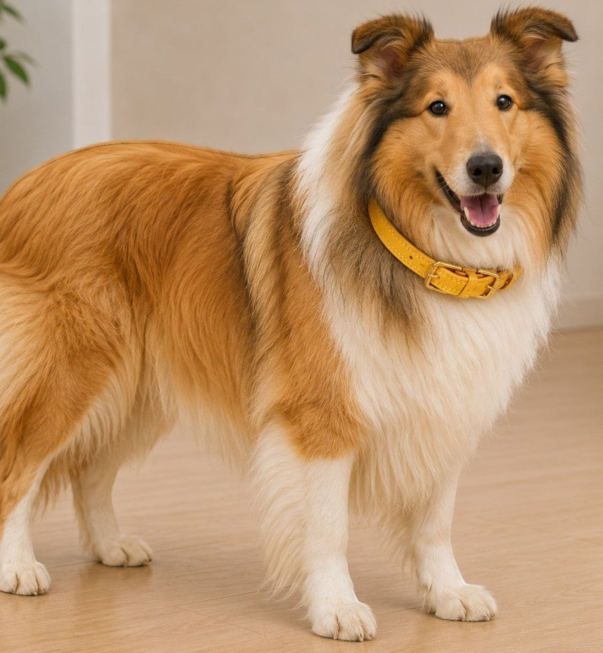 Collier Animozen Virginia jaune en cuir pour chien, boucle dorée mate, coutures renforcées, idéal pour chiots et petits chiens.