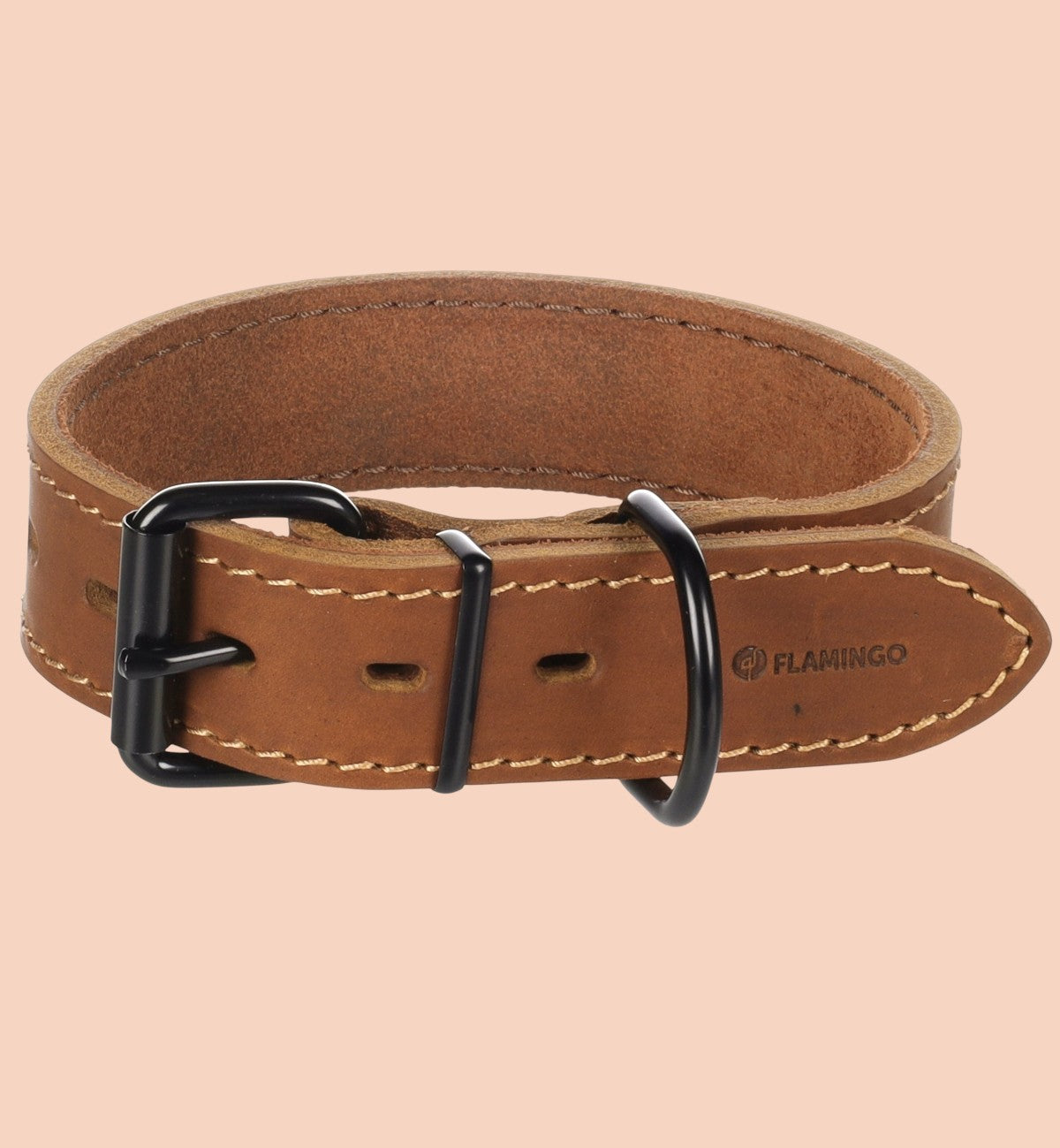 Collier Animozen Montana en cuir marron pour chien, boucle noire réglable, coutures contrastantes, idéal pour grands chiens.