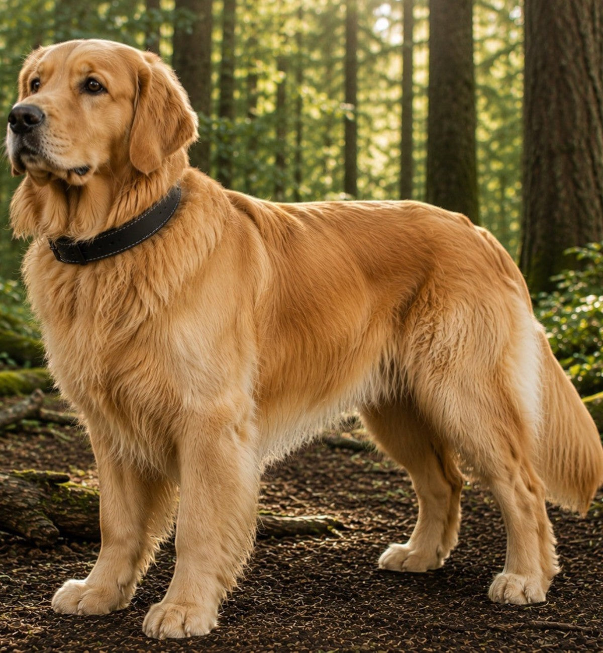 Collier chien Montana noir en cuir souple, rembourré et réglable, porté par un Golden Retriever dans une forêt.