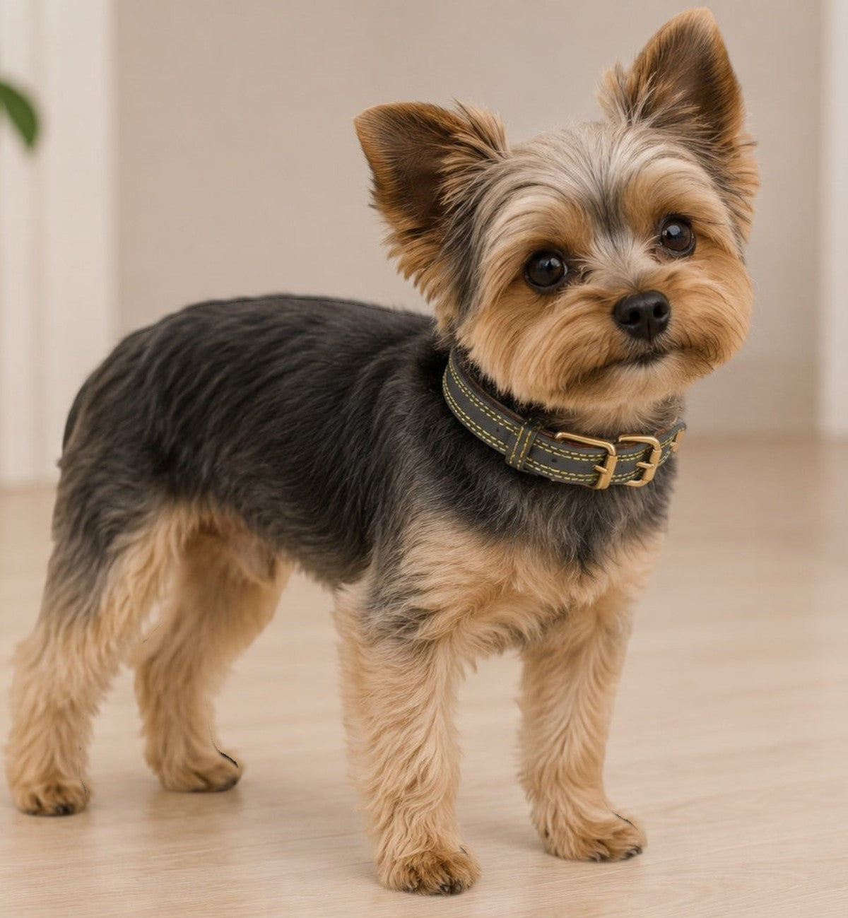 Animozen Collier Virginia vert en cuir pour petit chien, avec boucle dorée mate et coutures contrastées.