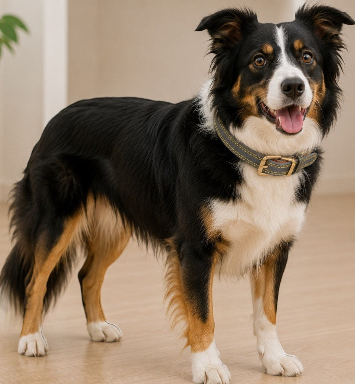 Collier Virginia vert en cuir pour chien, avec boucle dorée mate et coutures renforcées. Idéal pour chiots et petits chiens.