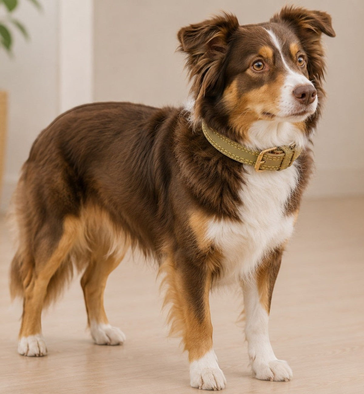 Collier Animozen Virginia vert en cuir pour chien avec boucle dorée mate, idéal pour chiots et petits chiens.