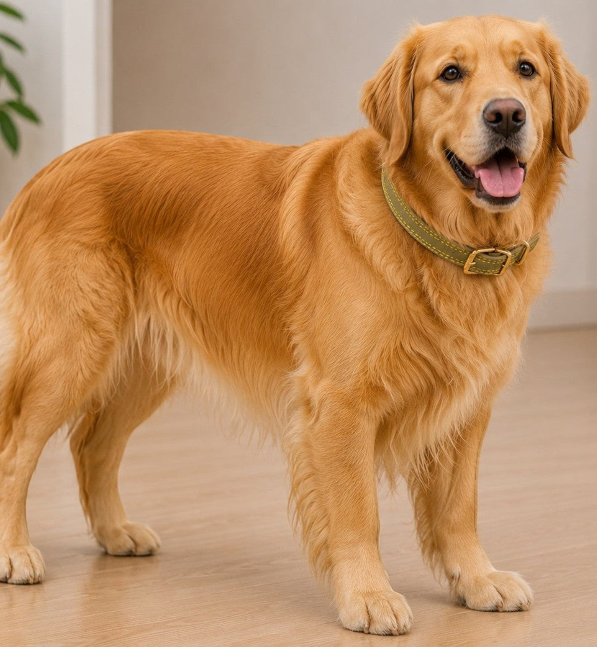 Animozen Collier Virginia vert en cuir pour chien, boucle dorée mate, coutures renforcées, idéal pour chiots et petits chiens.