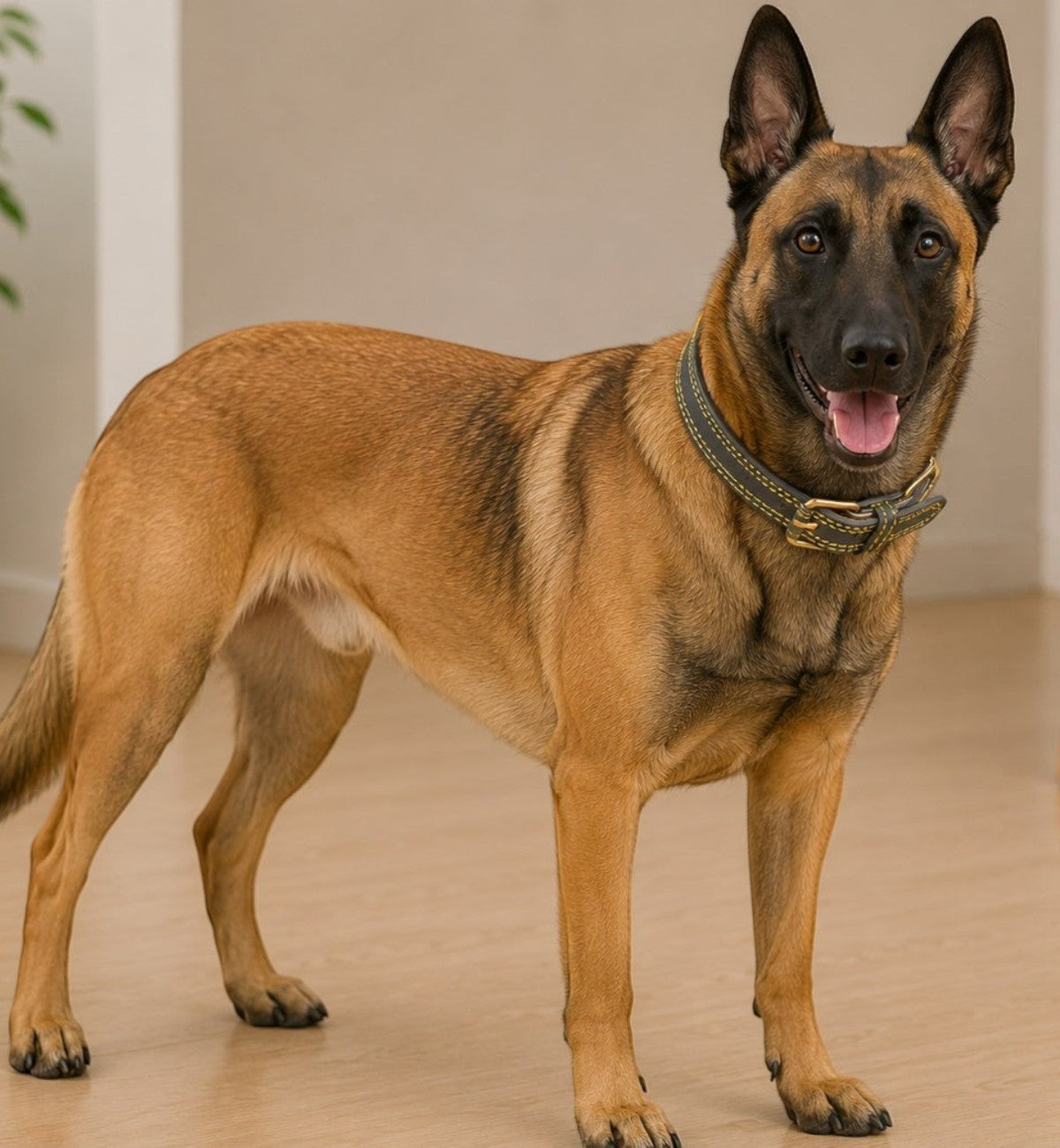 Animozen Collier Virginia vert en cuir pour chien, avec boucle dorée mate et coutures renforcées. Idéal pour chiots et petits chiens.
