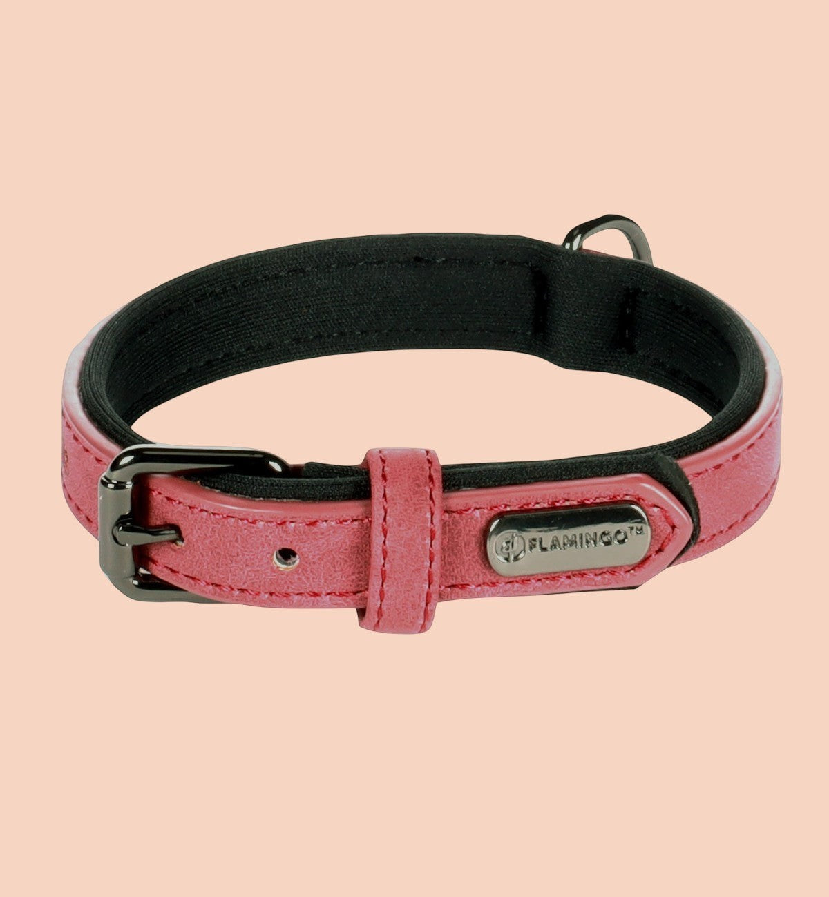 Collier pour chien Animozen rose en similicuir avec doublure néoprène, boucle grise et anneau en D.