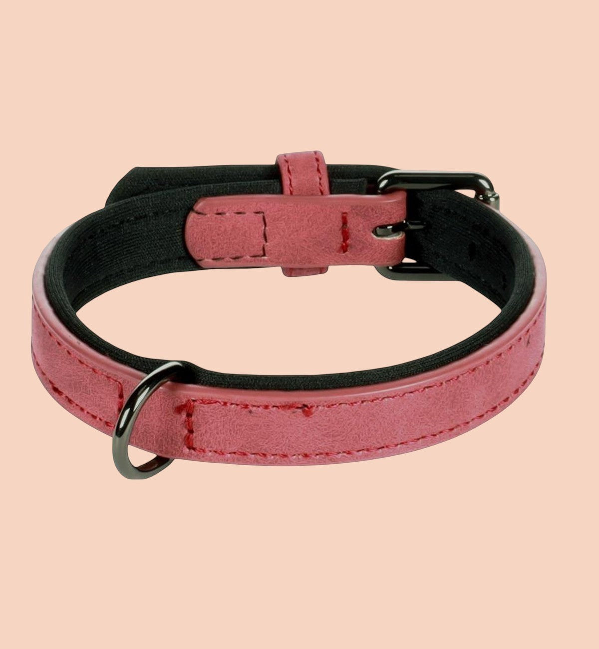 Collier pour chien Animozen rose en similicuir avec doublure néoprène, boucle grise et anneau pour laisse.