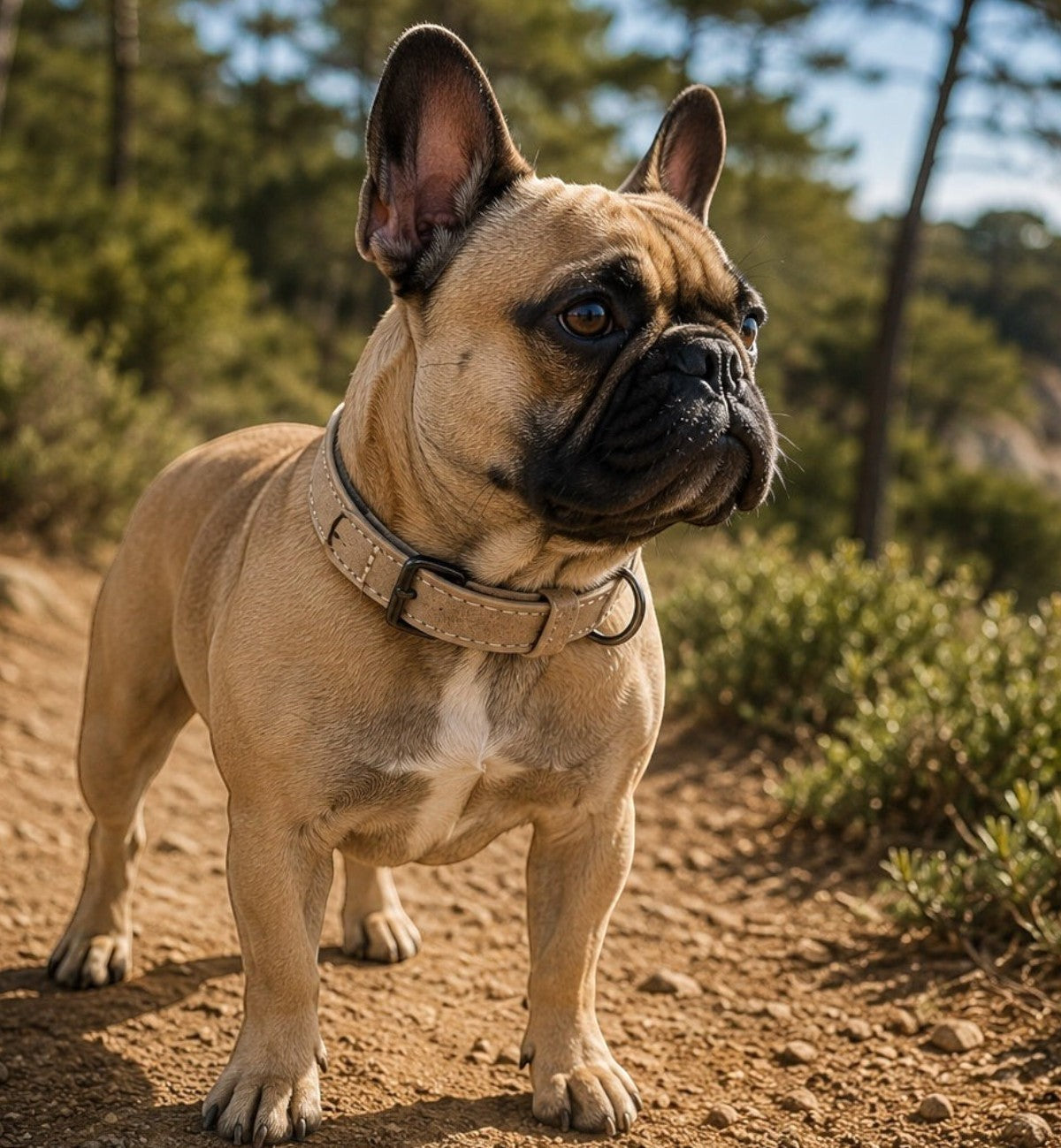 Collier pour chien Animozen en similicuir beige avec doublure néoprène, boucle grise, sur un bouledogue français en extérieur.