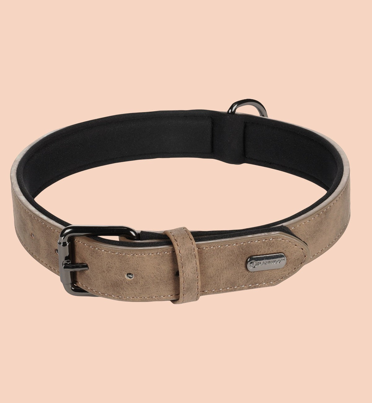 Animozen collier pour chien en similicuir beige avec doublure néoprène noire, boucle grise et anneau en D.