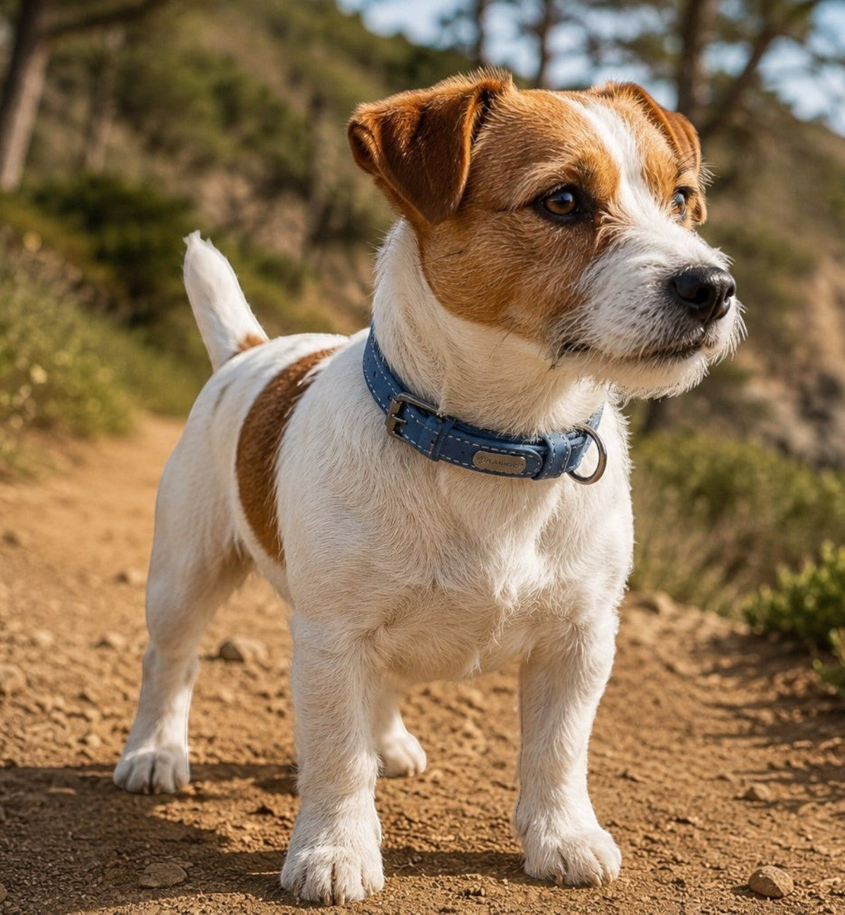 Collier pour chien Animozen bleu en similicuir avec doublure néoprène, boucle métal gris foncé, anneau D pour laisse.