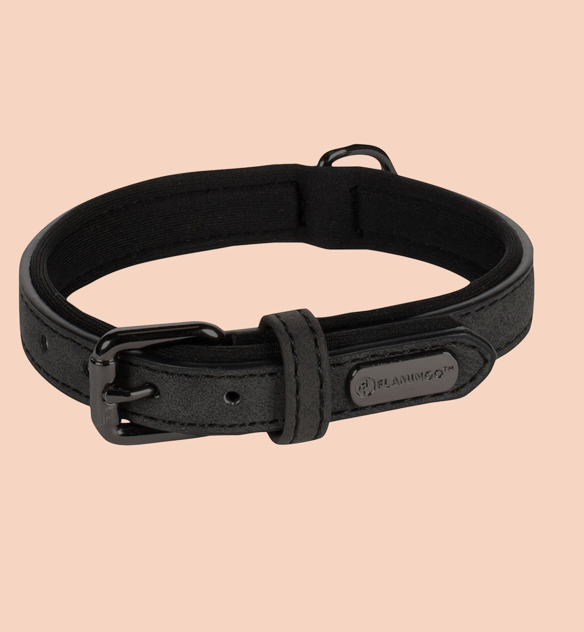 Animozen collier pour chien noir en similicuir avec doublure néoprène, boucle métal gris foncé et anneau D.