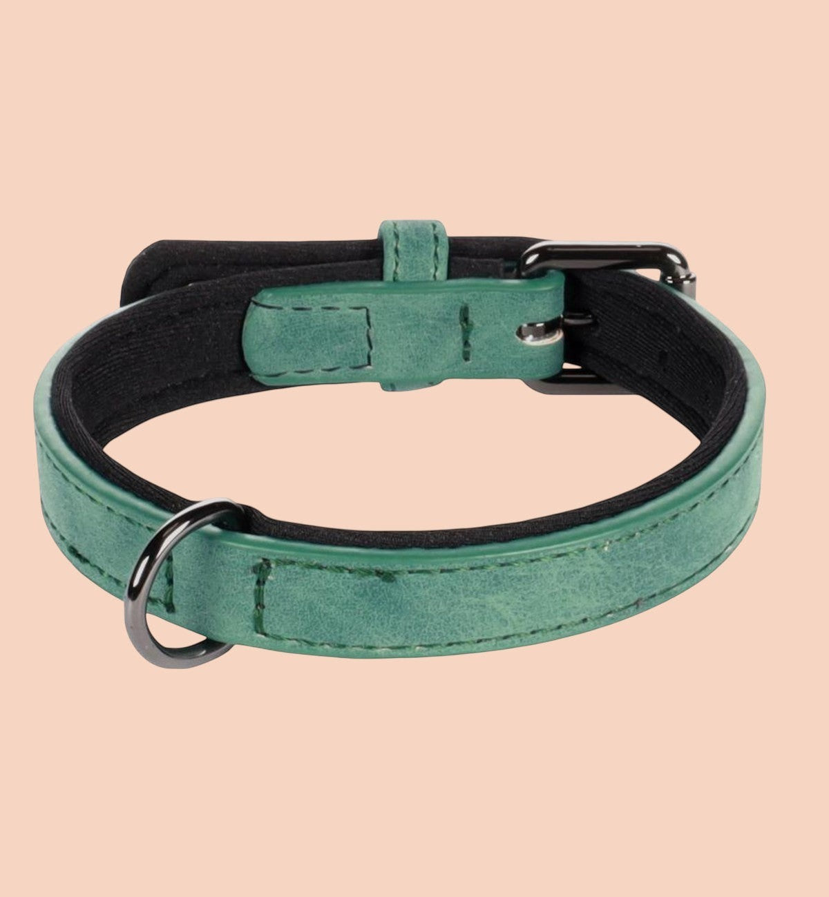 Collier pour chien Animozen vert en similicuir avec doublure néoprène, boucle métal gris foncé et anneau D.