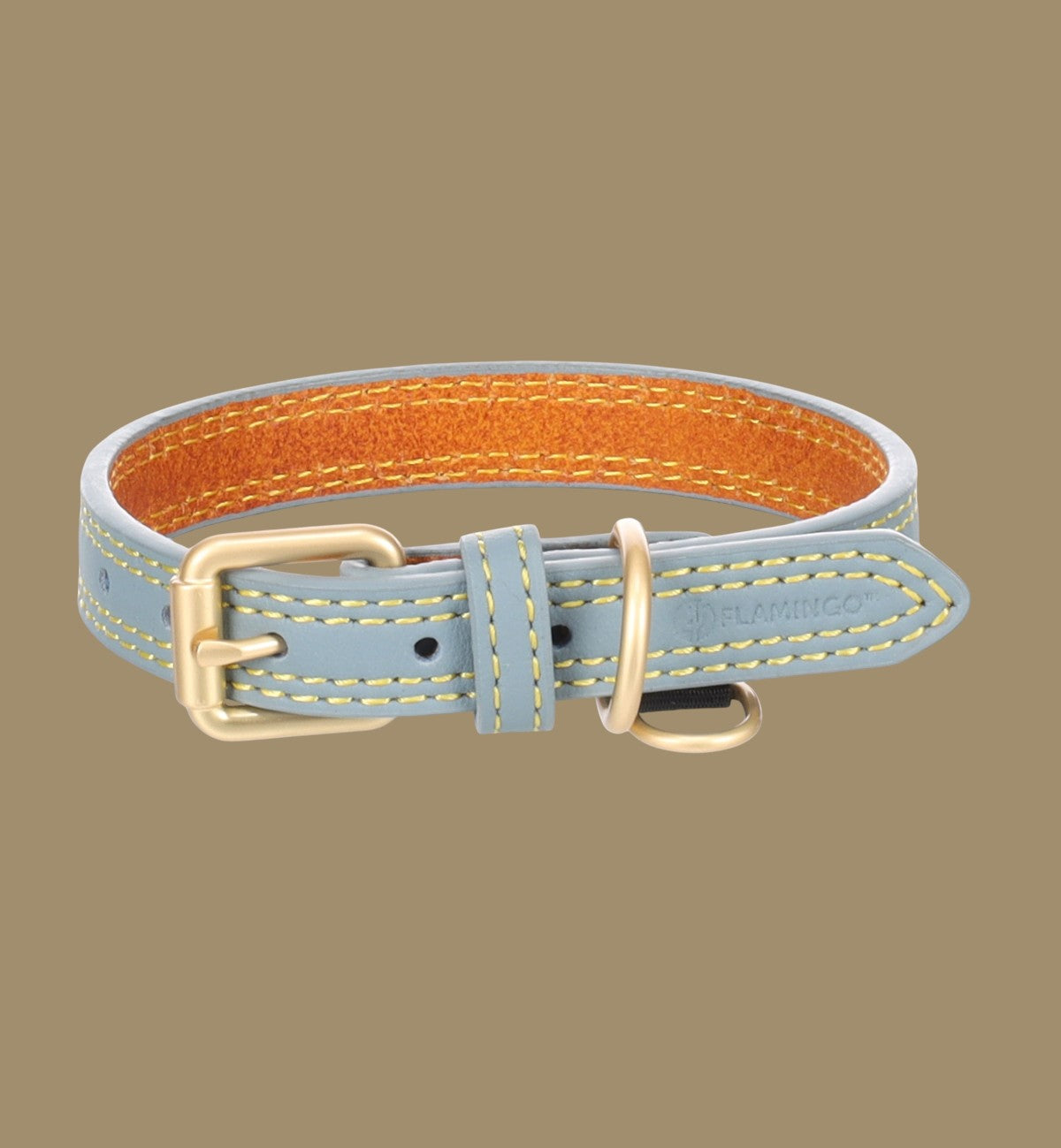 Collier pour chien Animozen Virginia en cuir bleu ciel avec surpiqûres jaunes et boucle dorée mate, doublure orange.