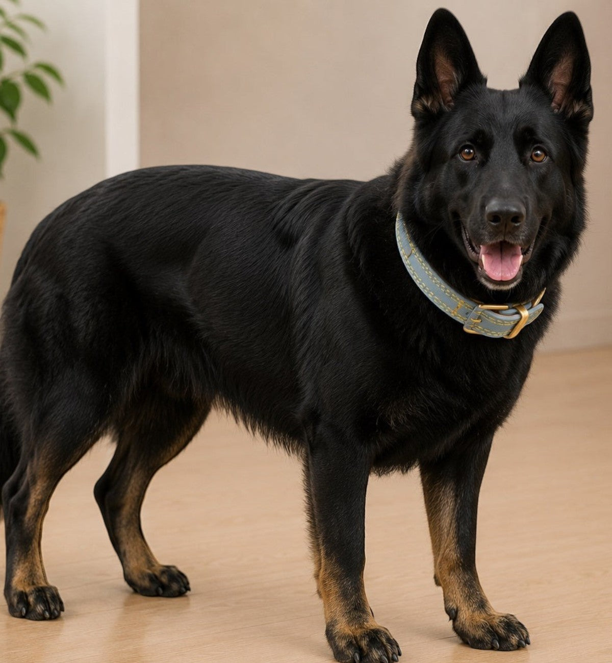 Animozen Collier Virginia en cuir bleu clair pour chien, avec boucle dorée mate et coutures renforcées. Chien noir debout sur parquet.