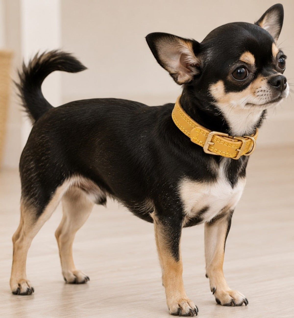 Animozen Collier Virginia en cuir jaune pour petit chien, avec boucle dorée mate et anneau pour médaille.