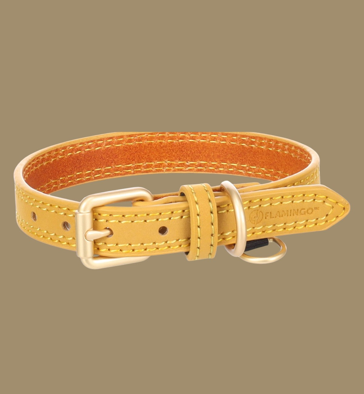 Collier pour chien Animozen Virginia en cuir jaune moutarde avec coutures contrastantes et boucle dorée mate.