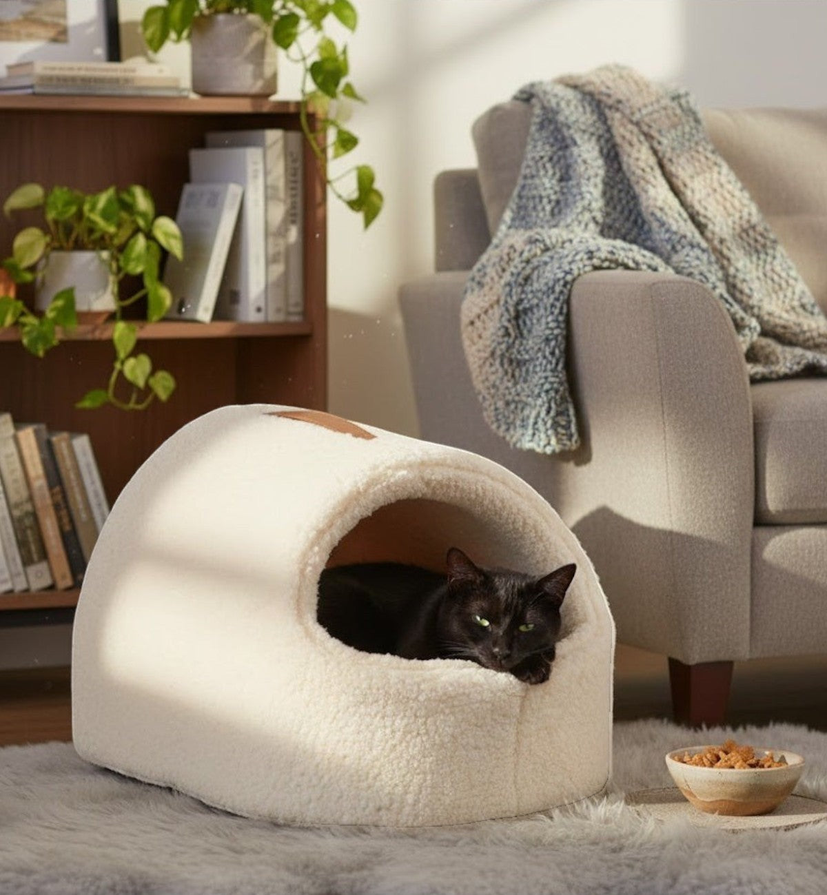 Animozen Couchage en peluche pour chat Felpa, couleur moka, avec coussin amovible et fond antidérapant.