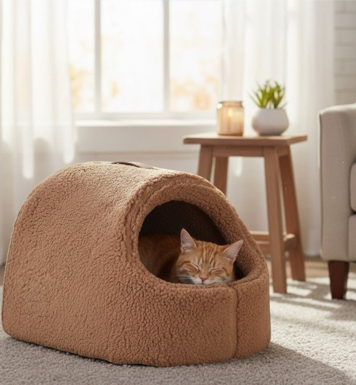 Animozen Couchage en peluche pour chat Felpa marron avec un chat roux endormi à l'intérieur, entrée basse et poignée.