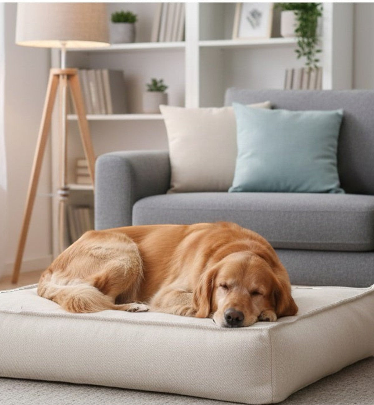 Animozen coussin rectangulaire beige en textile pour chien, rembourrage en mousse à mémoire de forme, 18 cm d'épaisseur.