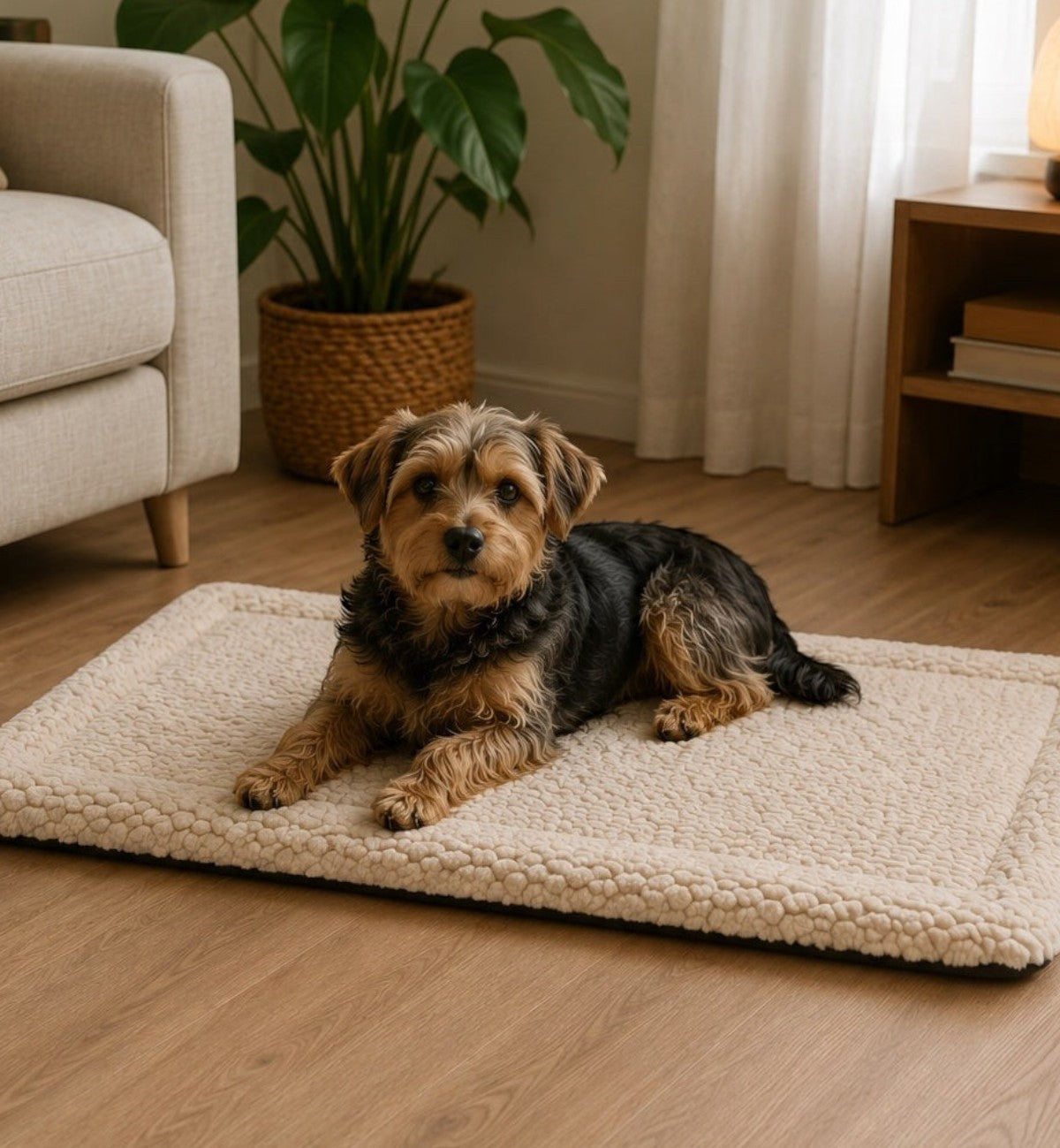 Animozen Coussin rectangle Naya en peluche beige pour chien, fond antidérapant, lavable en machine.