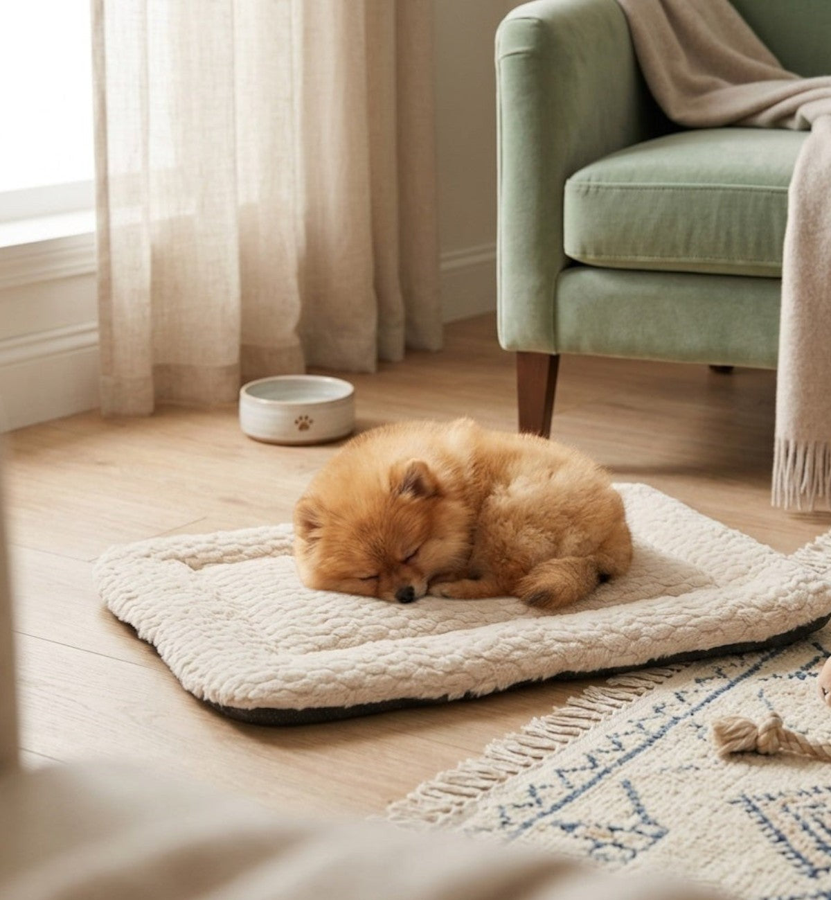 Animozen Coussin rectangle pour chien Naya en peluche beige matelassée, fond antidérapant, idéal pour siestes.
