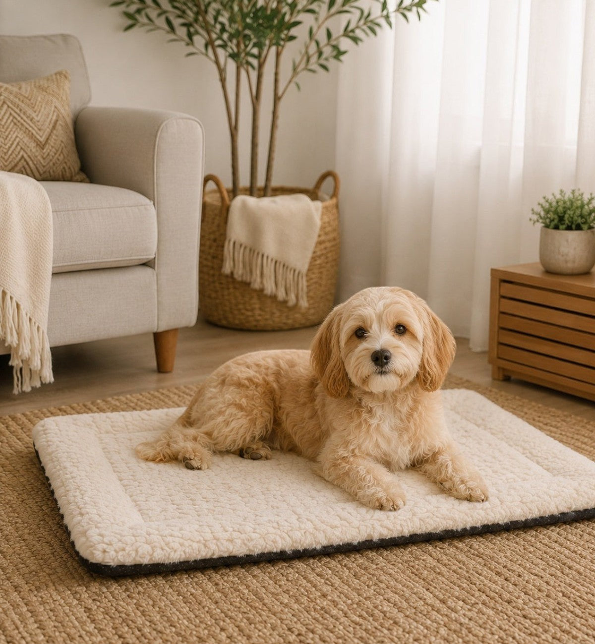 Animozen Coussin rectangle pour chien Naya en peluche beige avec fond antidérapant