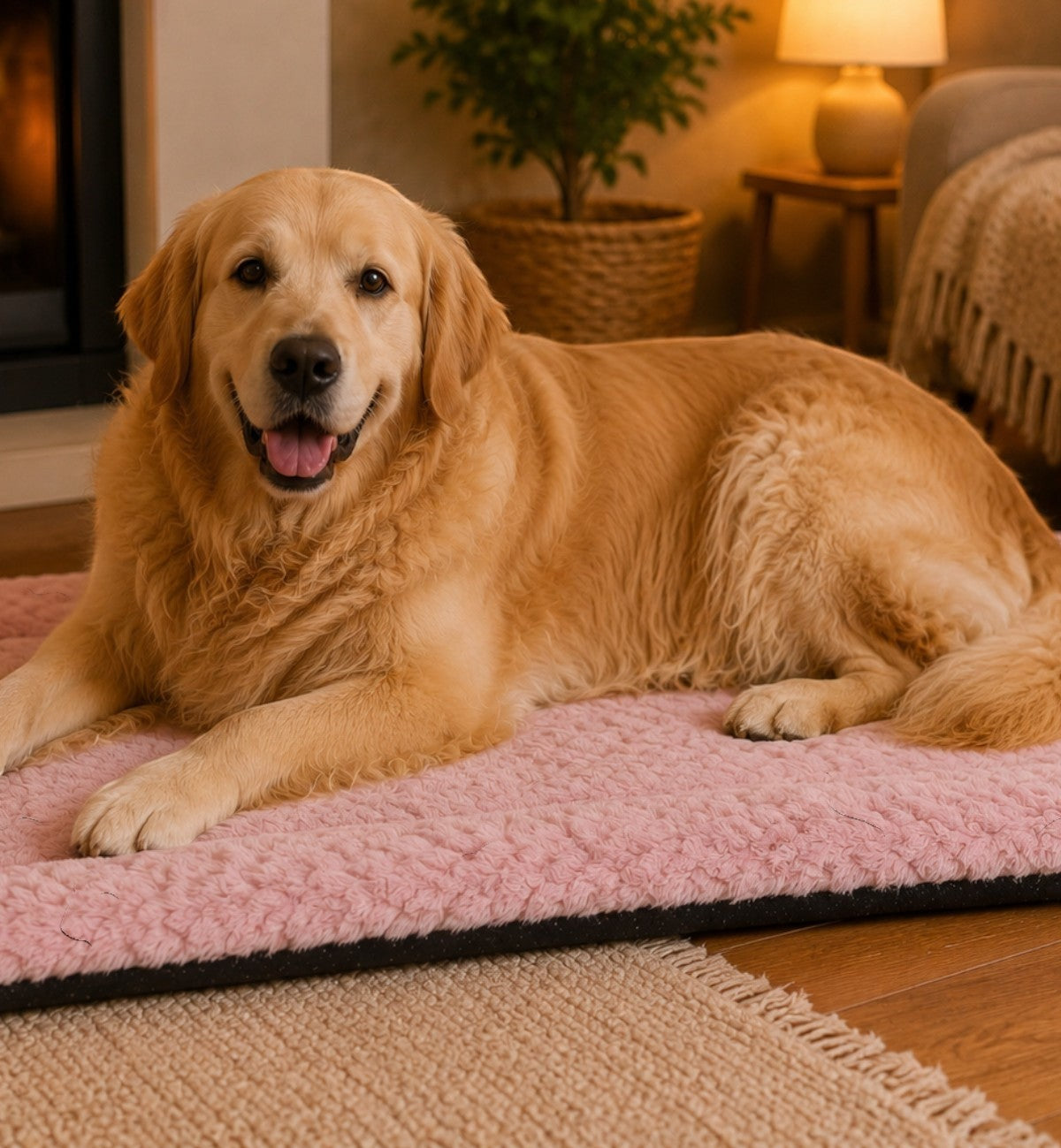 Animozen Coussin rectangle pour chien Naya en peluche rose avec fond antidérapant, idéal pour le confort de votre animal.