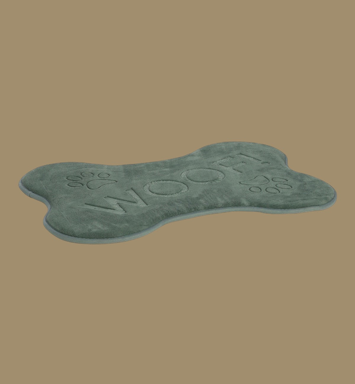 Animozen coussin pour chien en forme d'os vert, 50 x 70 cm, avec inscription "WOOF!" et empreintes de pattes.