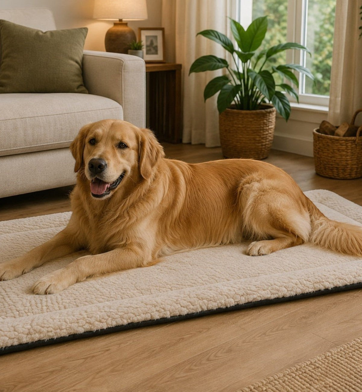 Animozen Coussin rectangle pour chien Naya en peluche beige avec fond antidérapant, idéal pour le confort de votre animal.