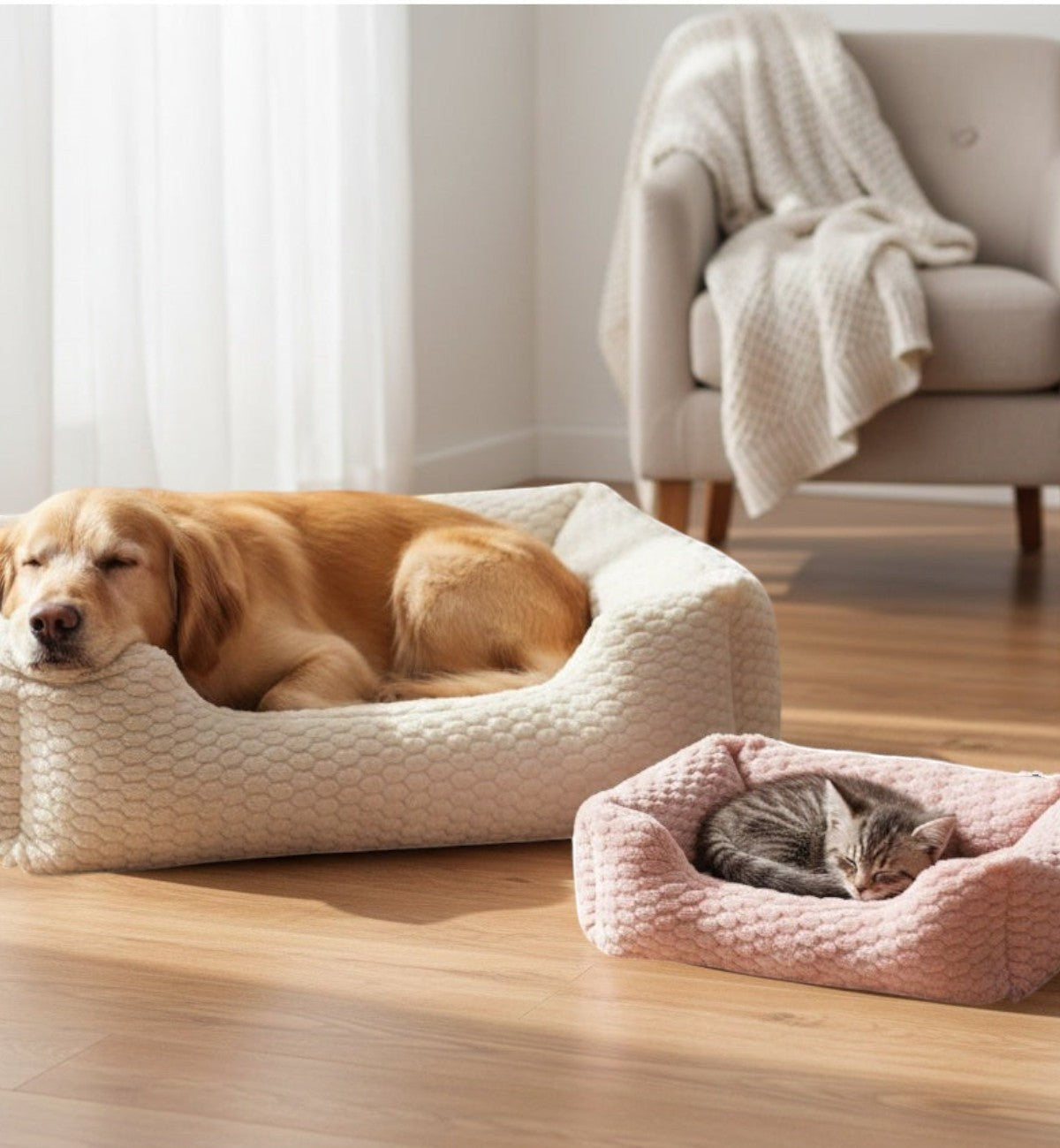 Animozen Coussin panier Naya beige en peluche ultra-douce pour chien et chat, avec rebords rembourrés et fond antidérapant.