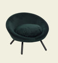 Animozen dark green velvet round armchair with plush cushion and black metal legs, perfect for small dogs or cats.