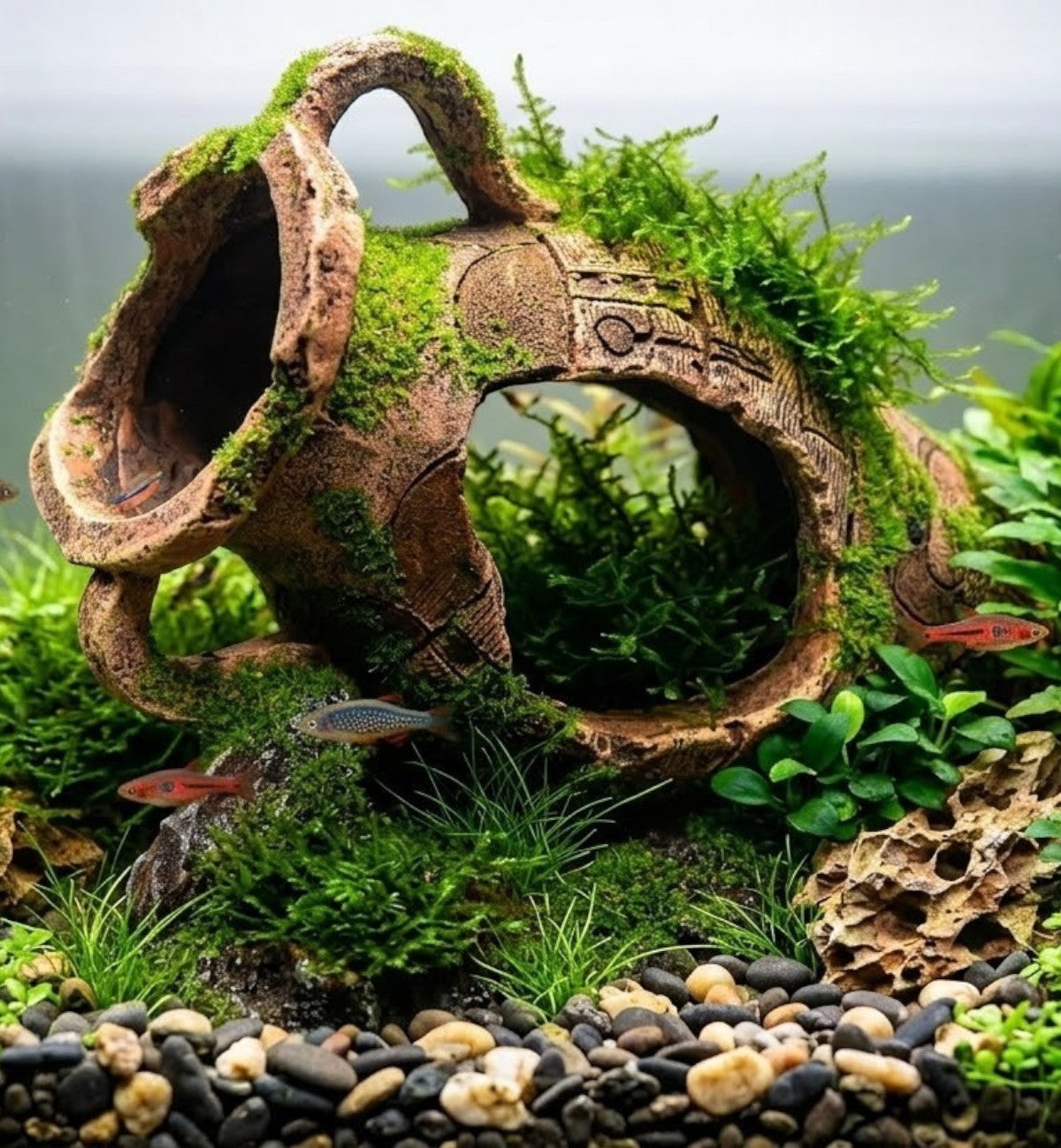 Animozen décoration d'aquarium en forme d'amphore ancienne recouverte de mousse, 16x11x13 cm