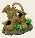 Animozen décoration d'aquarium en résine imitant une amphore ancienne recouverte de mousse et de végétation, avec plusieurs cachettes pour poissons.