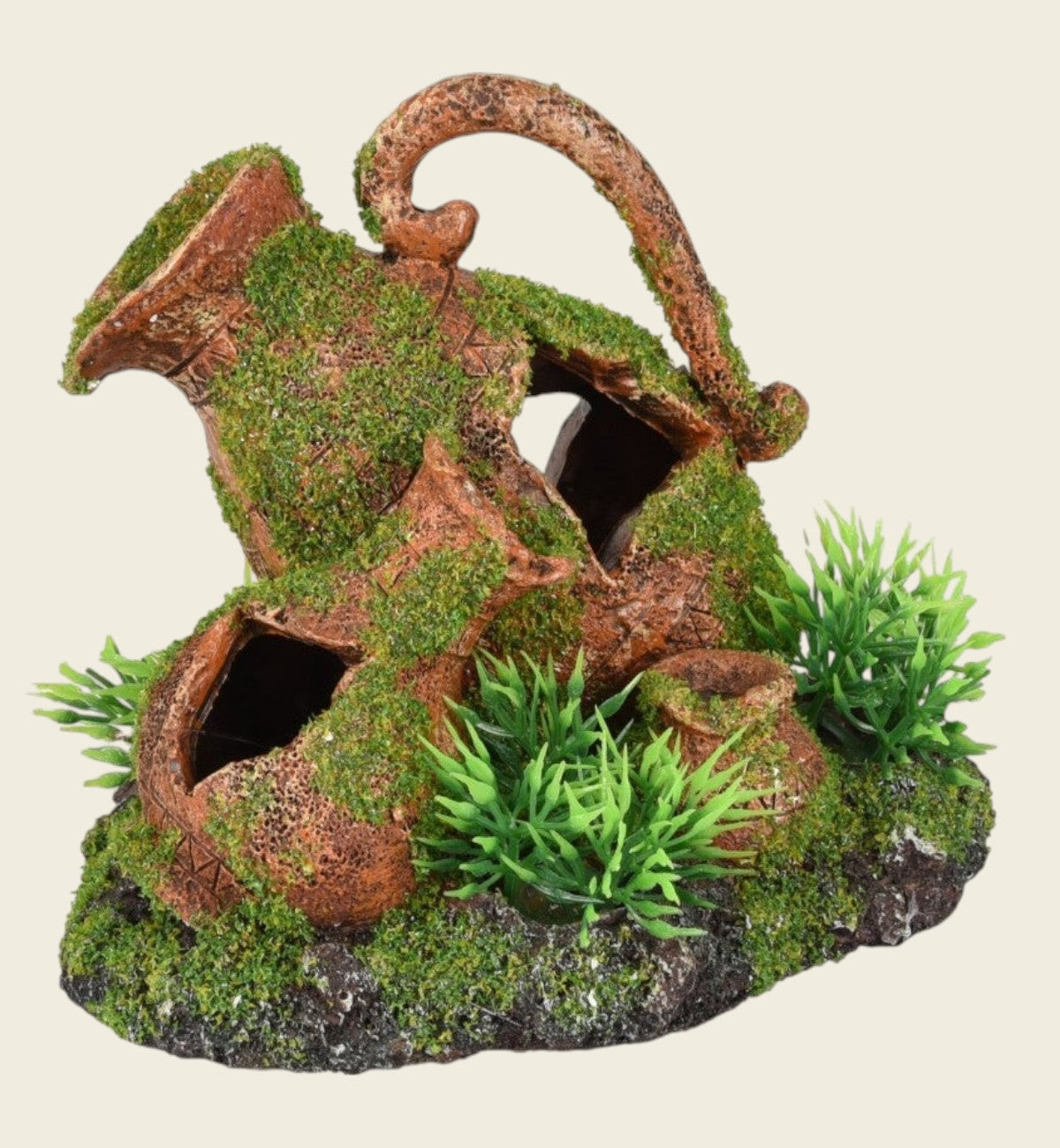 Animozen décoration d'aquarium en résine imitant une amphore ancienne recouverte de mousse et de végétation, avec plusieurs cachettes pour poissons.