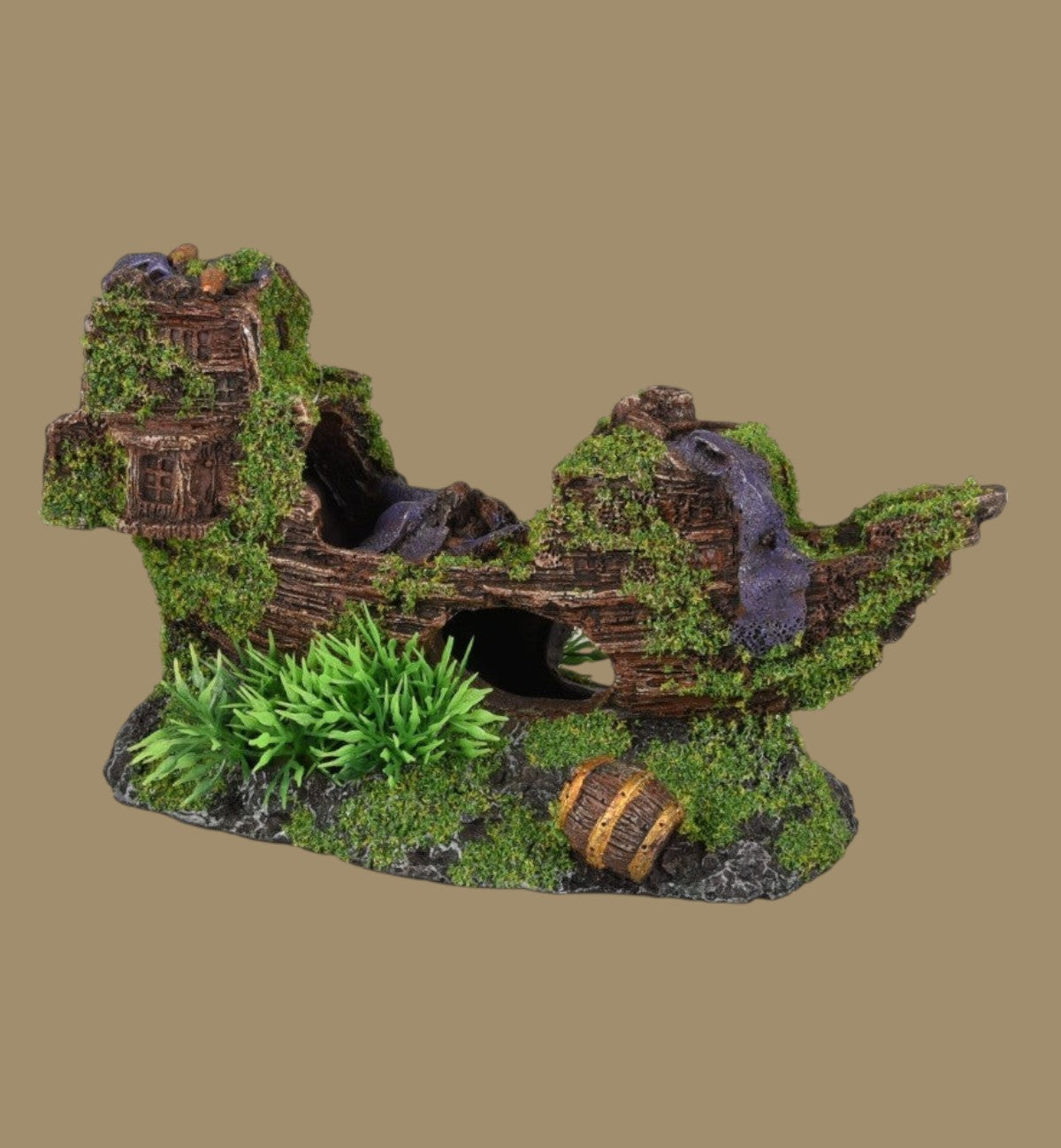 Animozen décoration d'aquarium épave de bateau en résine avec mousse et cachettes, 18 cm
