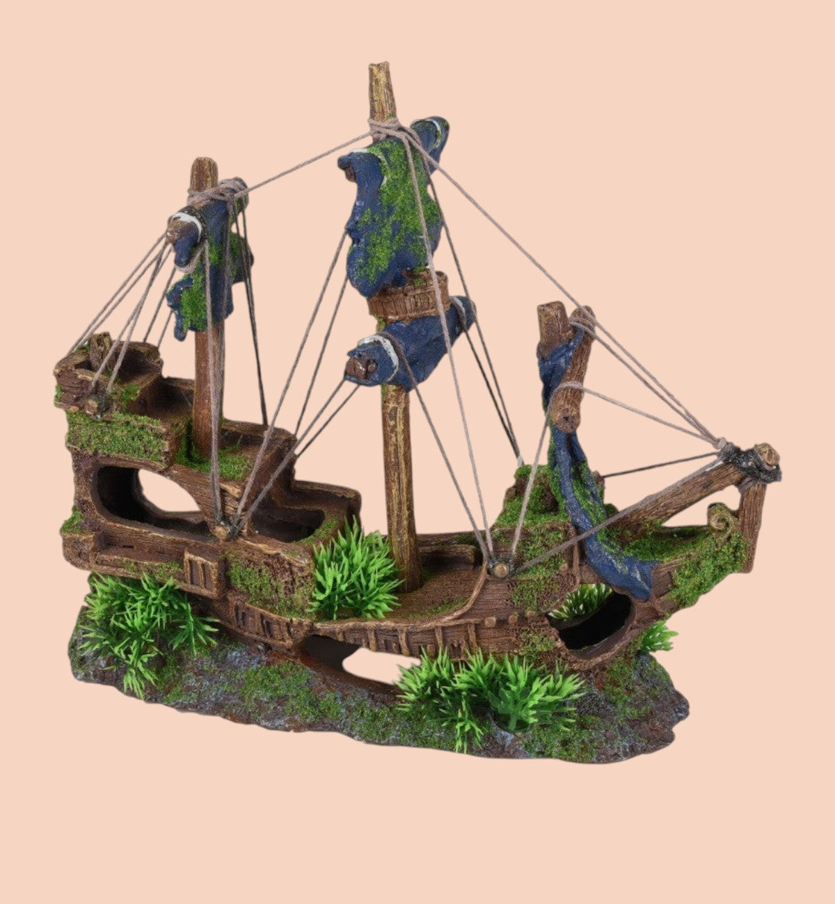 Animozen grande épave de navire décorative pour aquarium, 31 cm, avec voiles bleues déchirées et végétation verte.