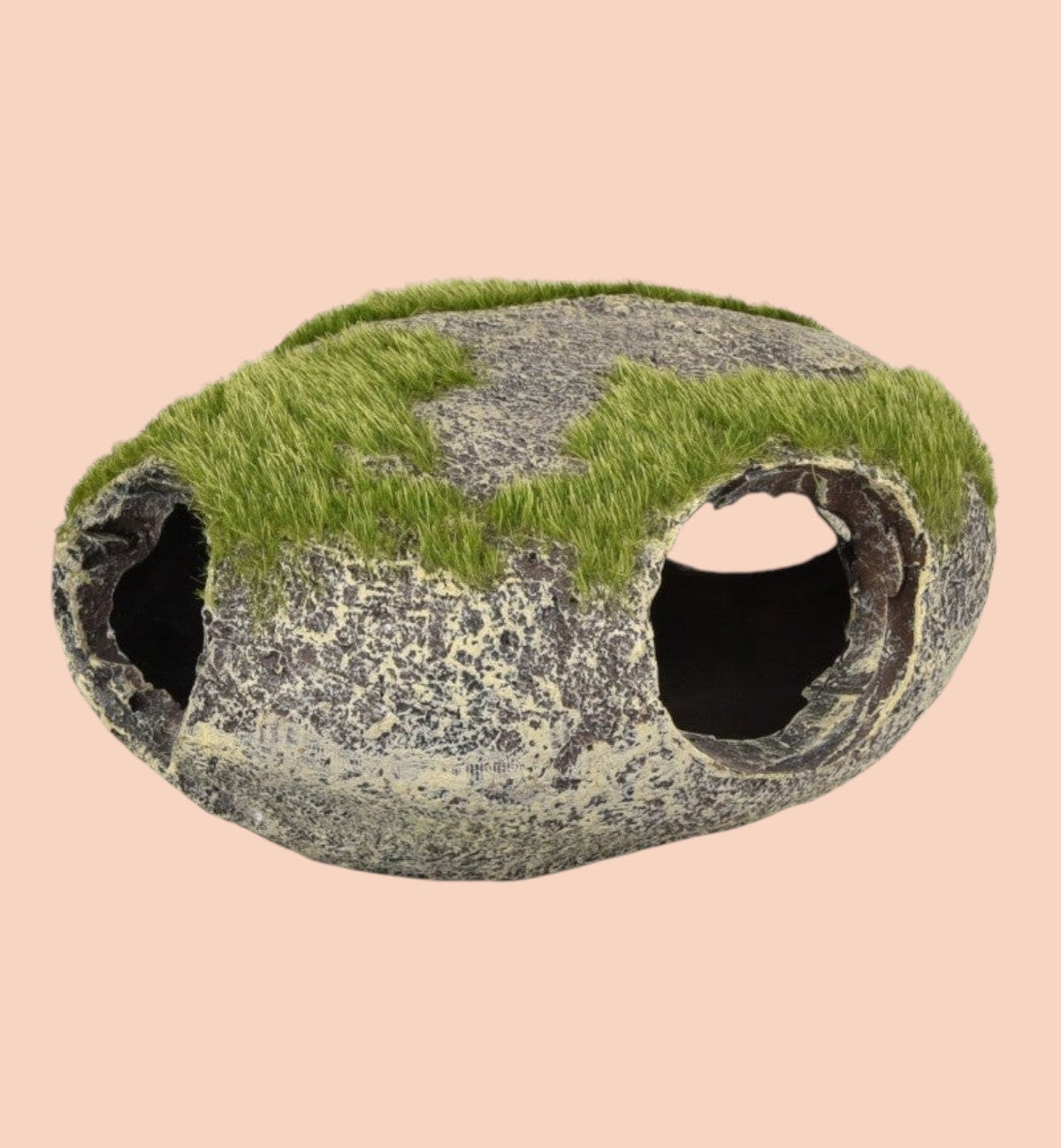 Animozen décoration d'aquarium en forme de galet gris et brun avec fausse mousse verte, offrant une cachette naturelle.