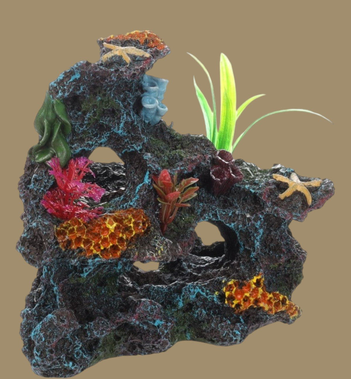 Animozen décoration d'aquarium en résine noire et bleue avec coraux multicolores, étoiles de mer et plantes vertes.